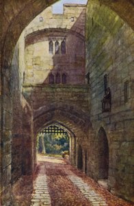 Castello di Warwick: Casa del Cancello e Saracinesca (litografia a colori)