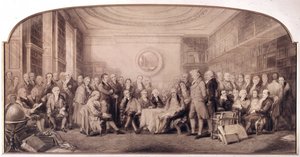 Gli eminenti uomini di scienza nel 1807-1808. Riunione nella biblioteca del Royal Institute of Sciences, Inghilterra. Incisione di William Walker e Sir John Gilbert da William Walker