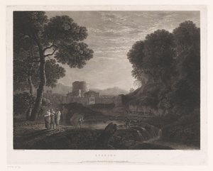 Paesaggio con porta e torre sulla riva di un fiume (Sera) da William Woollett