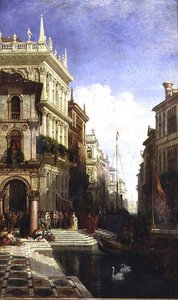 Una vista capriccio di Venezia con una principessa mostrata a una gondola dietro la Scuola di San Marco da William Wyld