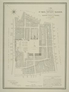 Mappa della parrocchia di St. Paul, Covent Garden, che mostra il sito di Bedford House e dei suoi giardini, pubblicata da W.P. Metchim, 1686 da Willian Leybourn