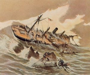 Affondamento della cannoniera "Iltis" (litografia a colori ingrandita) da Willy Stower