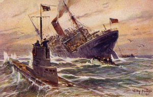 Distruzione di un piroscafo mercantile britannico da parte di un U-boat tedesco, Prima Guerra Mondiale da Willy Stöwer