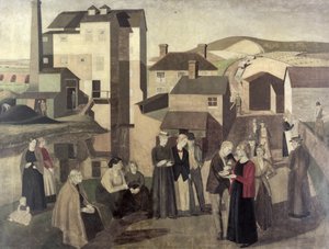 Una scena in una strada di villaggio con operai del mulino che conversano
