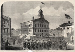 Un nuovo reggimento di volontari del Massachusetts che passa davanti a Faneuil Hall, a Boston, mentre si reca alla guerra