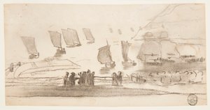 Disegno, Scena di spiaggia con persone e barche da pesca, Cullercoats, Inghilterra, 1881-82 da Winslow Homer