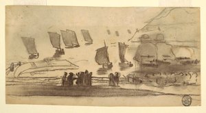Disegno, Scena di spiaggia con persone e barche da pesca, Cullercoats, Inghilterra, 1881-82 da Winslow Homer