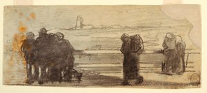 Disegno, Figure che si affacciano su una baia e una piccola barca, Cullercoats, Inghilterra, 1881-82 da Winslow Homer