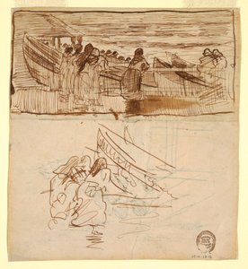 Disegno, Due studi di donne che assistono al varo dei dories, Cullercoats, Inghilterra, 1881 da Winslow Homer
