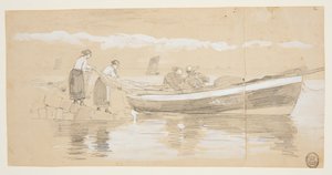 Pescatore e Donne che Ripongono le Reti in una Barca Arenata, Cullercoats, Inghilterra da Winslow Homer