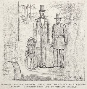 Il presidente Lincoln, il generale Grant e Tad Lincoln alla stazione ferroviaria, 1887 da Winslow Homer