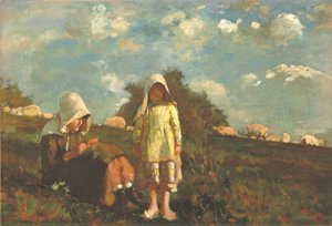 Due ragazze con cuffiette da sole in un campo da Winslow Homer