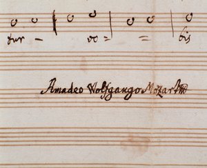 Dettaglio della firma del compositore sulla pagina dello spartito di Querite primum regnum Dei di Mozart per ottenere il titolo di Accademico filarmonico (1770) da Wolfgang Amadeus Mozart