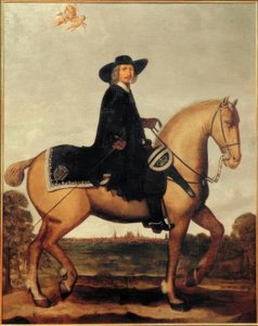 Christoph Bernhard von Galen a cavallo davanti alla silhouette da Wolfgang Heimbach