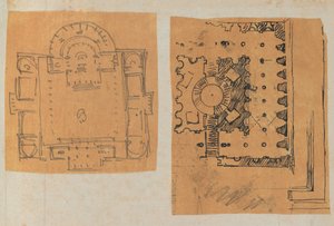 Pagina di un album contenente disegni e diverse stampe di architettura, int..., ca. 1800-1850. Creatori: Officina di Charles Percier, Officina di Pierre François Léonard Fontaine