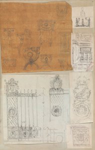 Pagina di un album contenente disegni e diverse stampe di architettura, ca. 1800-1850. Creatori: Officina di Charles Percier, Officina di Pierre François Léonard Fontaine