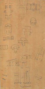 Pagina di un album contenente disegni e diverse stampe di architettura, ca. 1800-1850. Creatori: Officina di Charles Percier, Officina di Pierre François Léonard Fontaine da Workshop of Charles Percier, Workshop of Pierre
