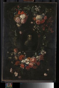 Finto busto scolpito del Beato Hieronymus Werdanus in una finta cartouche di pietra, decorato con una ghirlanda e due mazzi di fiori