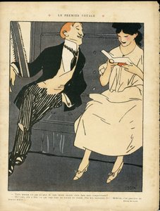 Illustrazione di Xavier Gose (1876-1915) in Le Lire, 27/08/10 - Il primo viaggio - Treno ferroviario, moda maschile, adulterio