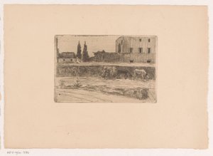 Paesaggio con edifici e una figura al lavoro da Xavier Mellery (attributed to)