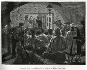 Cantina a Polichinelles, una cantina progettata per spettacoli di marionette. Incisione di X.Mellery, per illustrare la storia del Belgio, di Camille Lemonnier, pubblicata in Le tour du monde, a cura di Edouard Charton (1807-1890) da Xavier Mellery