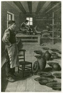 Il vasaio di Terneuzen, nel suo laboratorio, intasato di vasi e piatti, vicino alla finestra, il vasaio lavora l
