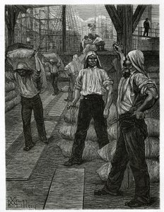 Lo scarico di una nave, i portuali con la testa coperta da un berretto di catrame, accumulano le merci sui moli del porto di Anversa. Incisione di X. Mellery, per illustrare il racconto del Belgio, di Camille Lemonnier, pubblicato in Le tour du monde, a cu da Xavier Mellery