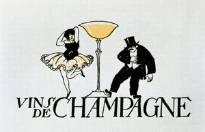 Vignetta pubblicitaria per vini Champagne che rappresenta una coppia che balla intorno a una coppa, XX secolo (manifesto) da Xavier Nogues