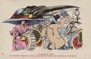 Cartolina satirica sui pericoli dei grandi cappelli e delle relative spille - la moda del 1909