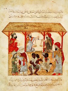 Ms. Ar 5847 f.105, Un mercato di schiavi, da "Al Maqamat" da Yahya ibn Mahmud Al Wasiti