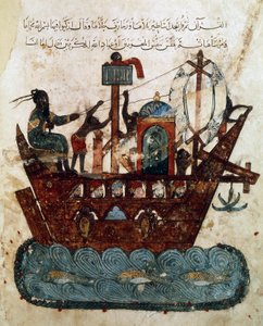 Ms Ar 5847 f.119v, Abu Zayd e Al-Harith che navigano da Basra a Oman, miniatura dal Maqamat di al-Hariri (Gli Incontri), c.1240