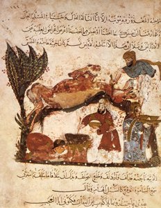 Ms Ar 5847 f.61, Preparazione di un banchetto, da Al Maqamat di Al Hariri, c.1240 (guazzo su pergamena) da Yahya ibn Mahmud Al Wasiti