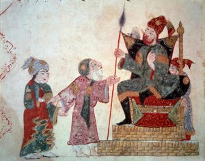 Il navigatore vagabondo Abu-Zayd e suo figlio davanti al Governatore. Miniatura dal Maqamat (Seances) di Abu Mohammed al-Kasim ibn Ali Hariri (1054-1122) illuminata da Yahya Mahmud al-Wasiti da Yahya ibn Mahmud Al Wasiti