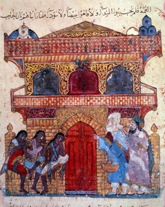 Il borghese al-Harith (Al Harith), figlio di Hammam, e il navigatore errante Abu-Zayd (Abu Zayd) davanti al palazzo del re. Miniatura dal "Maqamat" (Seances) di Abu Mohammed al-Kasim ibn Ali Hariri (o Al-Hariri o Al Hariri) (1054-1122) da Yahya ibn Mahmud Al Wasiti