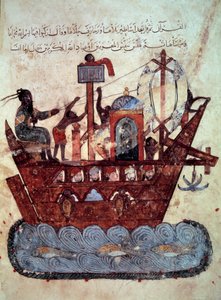 Il borghese al-Harith, figlio di Hammam, e il navigatore errante Abu-Zayd su una barca in miniatura dal "Maqamat" di Abu Mohammed al-Kasim ibn Ali Hariri, illuminata da Yahya Mahmud al-Wasiti da Yahya ibn Mahmud Al Wasiti