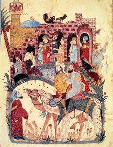 Il borghese al-Harith e il navigatore errante Abu-Zayd arrivano in una città, la moschea e il minareto, attività commerciali, bazar e lavori delle donne sono descritti. Miniatura dal “Maqamat” (Seances) di Abu Mohammed al-Kasim ibn Ali Hariri