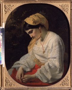 Una giovane sposa. Ritratto di profilo di una giovane donna triste, con un