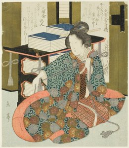 Una donna che tira la corda di una libreria su ruote, dalla serie "Un set di sette per il club Katsushika"