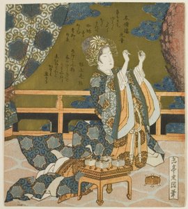 Due donne cinesi che esaminano un filo e una ragnatela in una scatola, dalla serie "Dittico per il gruppo del tamburo" da Yashima Gakutei