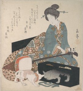 Donna che accorda uno shamisen e gatto che guarda il proprio riflesso da Yashima Gakutei