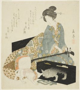 Donna con shamisen e gatto