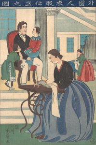 Famiglia Straniera con Moglie che Fa Vestiti, 1860 da Yoshikazu