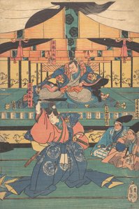 Attori kabuki interpretano Oashibara Ueno no kami Masahira, Tokiwa Mikuriya Betto T..., metà XIX secolo da Yoshitsuya