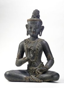 Bodhisattva in stile nepalese-cinese (lacca, stoffa, tracce di blu, oro e verde e foglia d