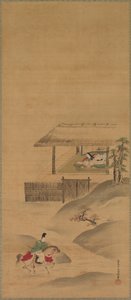 Minamoto no Nakakuni visita Lady Kogo, trittico di rotoli appesi, fine 1600 da Yukinobu Kiyohara