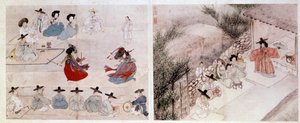 Arte Coreana: Scena di Combattimento Femminile, Scena di Vita Quotidiana. Stampe di Sin Yun Bok (o Hyewon fatte nel 1758). XVIII o XIX secolo. Collezione Hyung Pil Chun da Yun bok Sin
