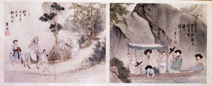 Arte coreana: scena di passeggio e barca. Stampe di Sin Yun Bok (o Hyewon) (nato nel 1758). XVIII secolo.