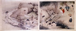 Arte coreana: donne che lavano i loro vestiti e si vestono, e donne che fanno la toilette e si divertono. Stampe di Sin Yun Bok (o Hyewon) (nato nel 1758). Collezione Hyung Pil Chun da Yun bok Sin
