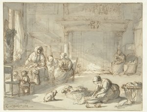 Interno di una casa con donne e bambini