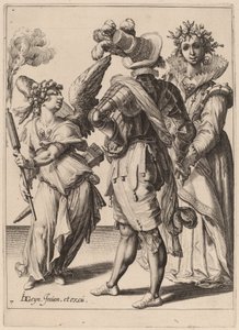 Cupido bendato che tiene una torcia davanti a una coppia da Zacharias Dolendo after Jacques de Gheyn II